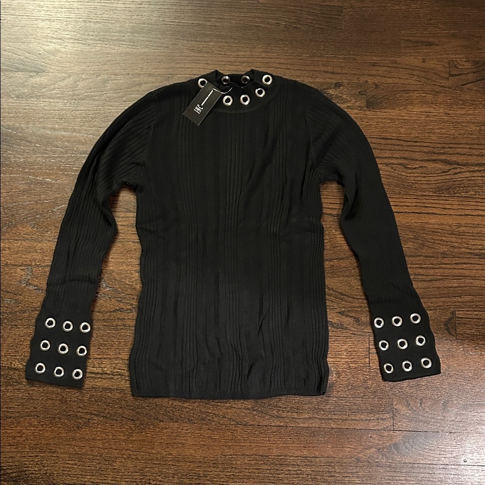 NWT INC International Concepts Black Ribbed Sweater with Grommet Detail